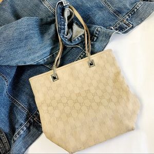 GUCCI Cream Tan Beige Monogram Supreme Tote Bag